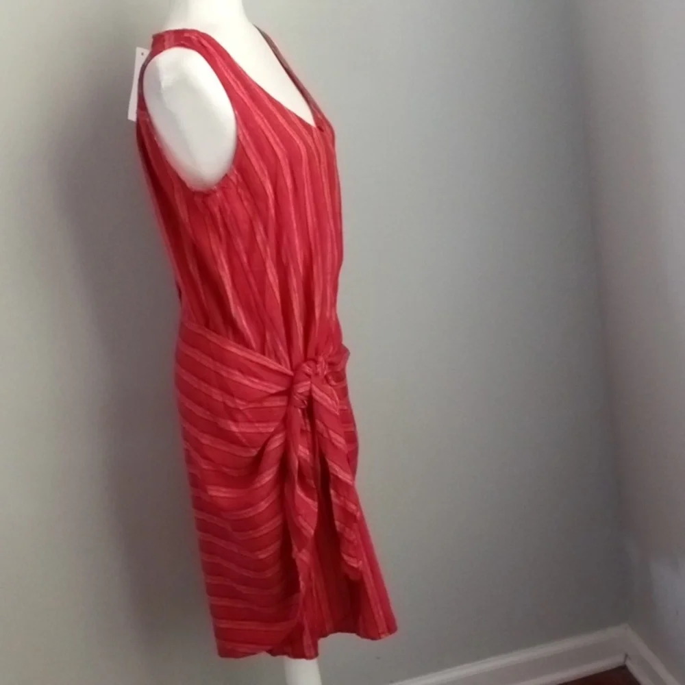 New Anthropologie Drew Red Striped Linen Blend Sleeveless Faux Wrap Dress Medium - Picture 3 of 10